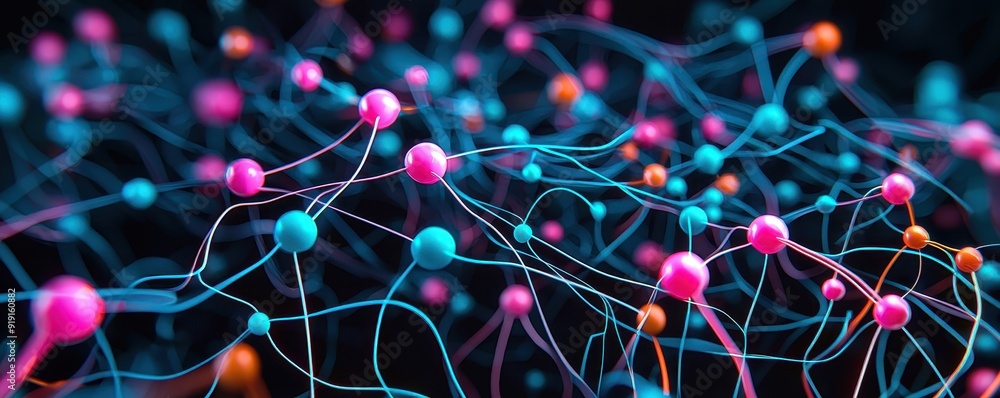 Poster vibrant abstract illustration of interconnected nodes and pathways, showcasing a colorful network of