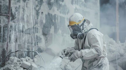 industrial worker handling asbestos without protective gear, symbolizing occupational hazards in industries contributing to mesothelioma. copy space for text.