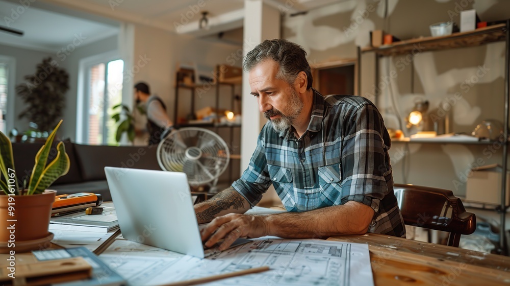 Poster mid adult man and construction worker using laptop while analyzing blueprints at renovating home. co