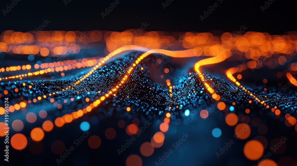 Poster vibrant waves of glowing particles in blue and orange create an abstract, dynamic visual effect show