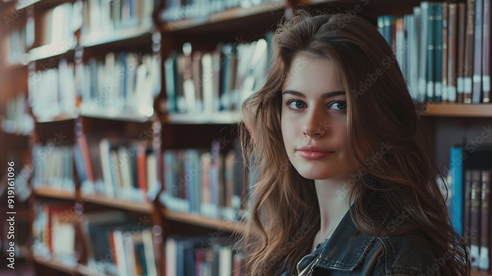 Poster portrait of beautiful student in library looking at camera. copy space for text.