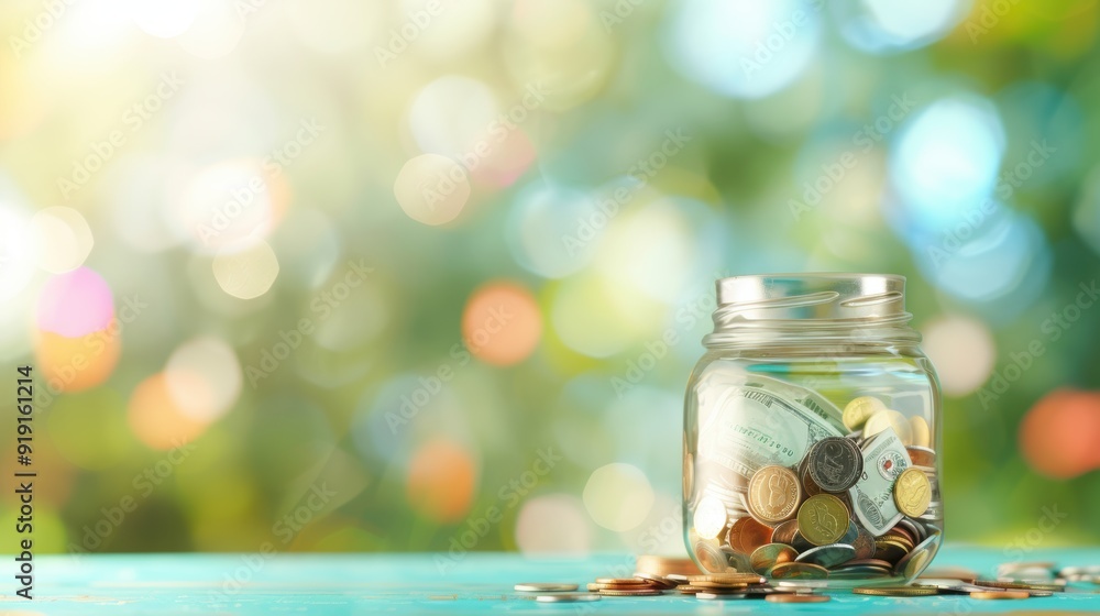 Aufkleber a jar filled with coins and surrounded by banknotes, depicting the concept of saving money, with amp