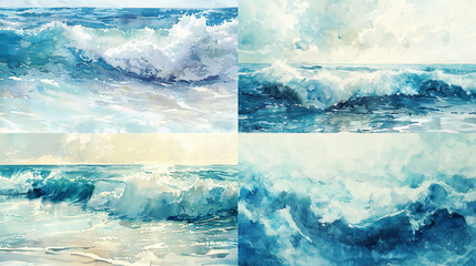 Watercolor glazing of ocean waves, soft blues, and tranquil light
