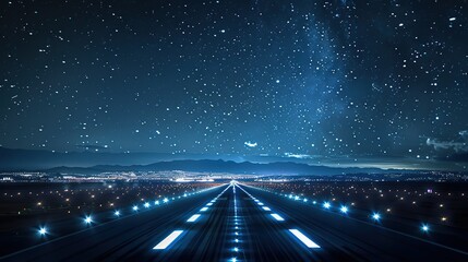 Obraz premium The glow of runway lights guiding planes towards the sky creating a mesmerizing contrast against the vast blanket of stars above. copy space for text.