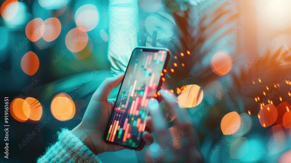 Aufkleber a conceptual image of hands holding a smartphone with financial apps and charts, symbolizing digital