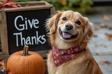 A friendly dog wearing a Thanksgiving-themed bandana sits beside a pumpkin and a sign that says Give Thanks