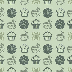Cute kawaii pattern with cupcakes, tea cups, and flowers in pastel green. Seamless vector design for fabric or wallpaper.