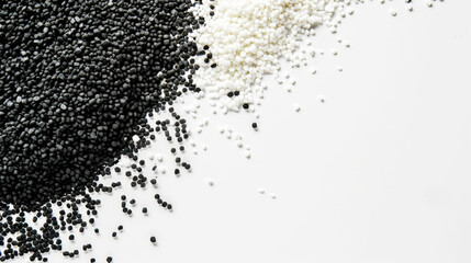 Fototapeta premium Top view of black and white polymer masterbatch granules, light background, industrial plastic template. Generative AI
