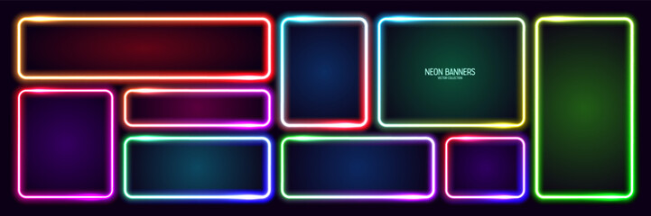 Colorful glowing neon banners, illuminated square frames. Shiny vibrant border, glow effect. Purple vintage retro lights, night illumination. Modern futuristic UI design elements. Vector illustration
