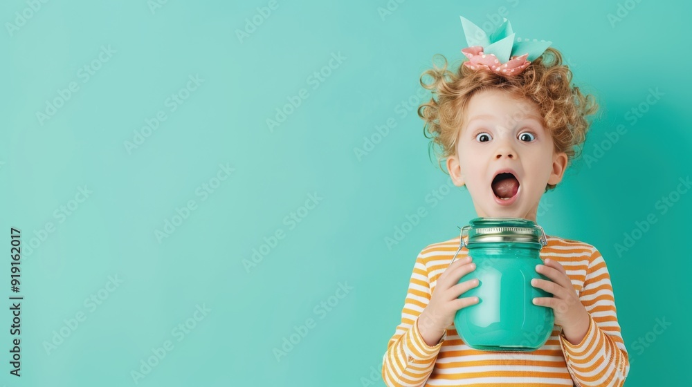 Poster a child excitedly showing off their savings jar, capturing the joy of financial education. the photo