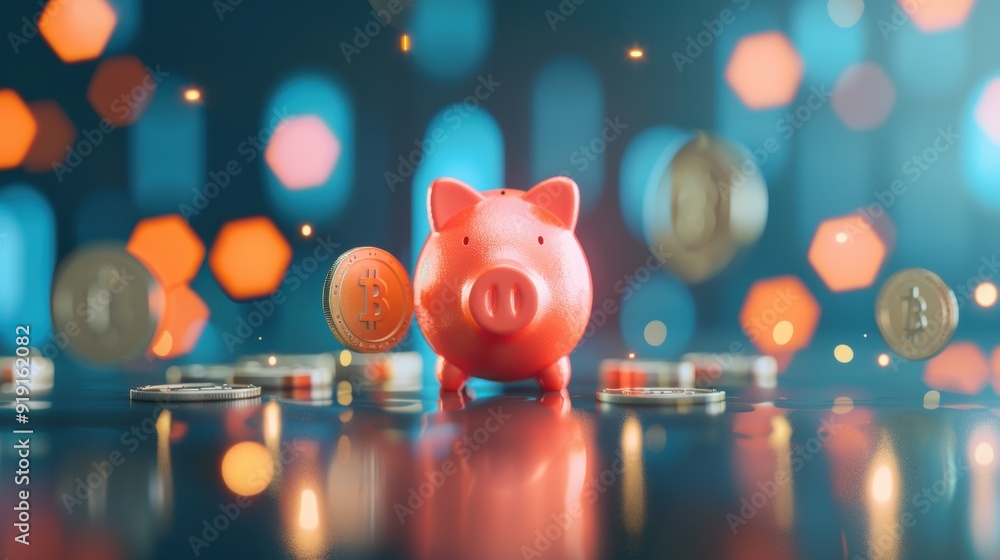 Poster an abstract representation of financial concepts and digital savings, featuring a digital piggy bank