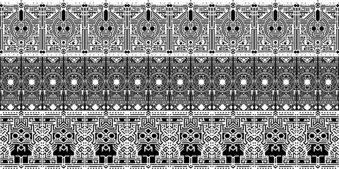 Intricate black and white ethnic pattern with Aztec, Mayan and Inca-inspired motifs. Seamless vector design for textiles or decor.
