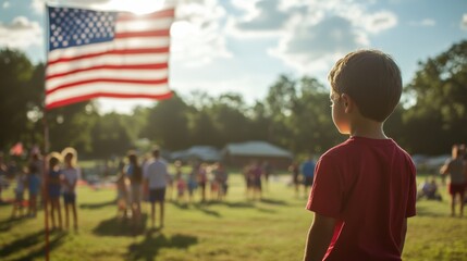 Naklejka premium A community event with families participating in outdoor activities, the American flag flying proudly, and a sense of unity