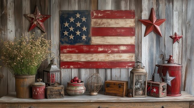 A rustic tabletop display with the American flag, vintage decor elements, and symbols of national pride, perfect for patriotic celebrations