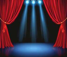 one big blue spotlight on stage with red curtain