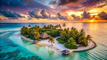 Luxurious tropical island resort featuring a elegant hotel surrounded by swaying palm trees, turquoise lagoon, and powdery white sandy beach at sunset.