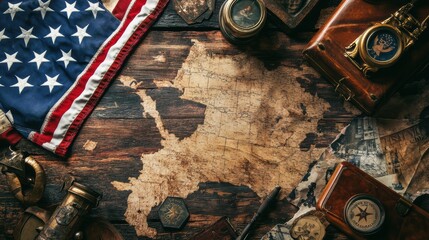 A detailed shot of a patriot USA flag on a tabletop, surrounded by vintage decor and symbols of national pride