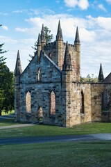 Brick-built remains of an old church built by convicts of a famous Tasmanian prison. Historic buildings and museums in Tasmania. The Convict Church, Port Arthur. Port Arthur Heritage Prison Site. 