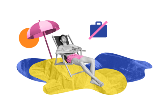 Photo collage relaxed male traveling ocean sea sun bathing warm hot sun rays ignore work vacation colorful picture background