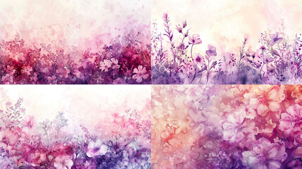 Watercolor gradient wash of floral patterns, blending soft pinks and purples, creating a lively and beautiful scene