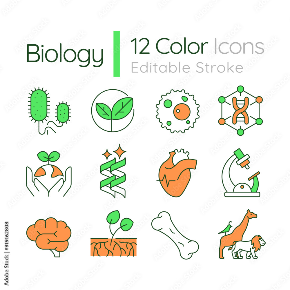 Wall mural Biology RGB color icons set. School subject. Human anatomy. Genetics. Microbiology. Living organisms. Isolated vector illustrations. Simple filled line drawings collection. Editable stroke