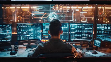 Diverse professionals interact digitally on various screens in a bustling modern office environment