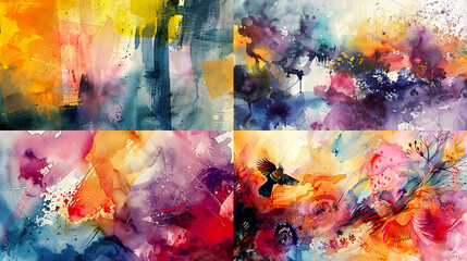 Watercolor grainy wash, bold shades of abstract designs, creating a lively and textured scene