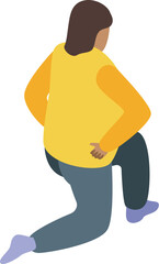 Young woman wearing a yellow vest is kneeling and picking something up