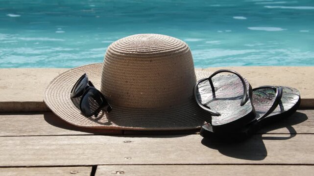 chapeau en paille pr&egrave;s d'une piscine, en gros plan