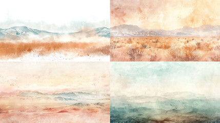 Watercolor grainy wash, gentle pastels of arid landscapes, seamless transitions, textured and serene background