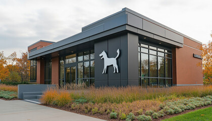 Modern veterinary hospital building exterior with dog sign and landscaping