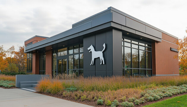 Modern veterinary hospital building exterior with dog sign and landscaping