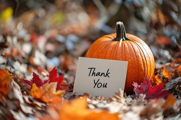 A handwritten Thank You note rests by a pumpkin surrounded by vibrant autumn leaves, celebrating the spirit of Thanksgiving