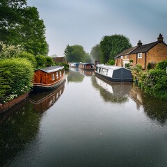Obraz premium canal with houseboats, AI generated
