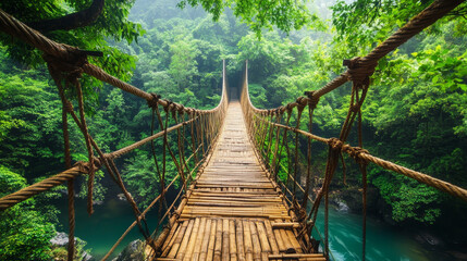 "A bamboo pedestrian hanging bridge spanning a river in a tropical forest, surrounded by lush greenery."