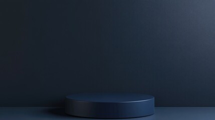 A round pedestal with a solid navy blue background, ideal for high-end product displays.