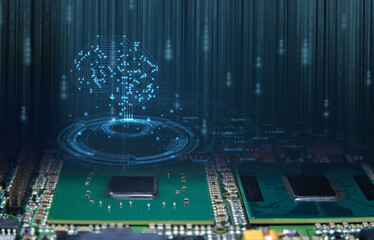 Artificial intelligence concept with microchip and digital brain overlay. Represents AI,...