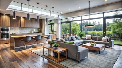 Modern open-concept home interior featuring a sleek kitchen, living area, and dining space with large windows, hardwood floors, and minimalist decor.