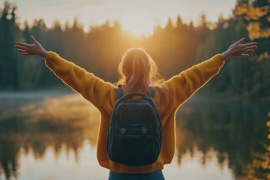A woman with her hands raised in joy, wearing a large yellow sweater and a black backpack against the background of a serene lake at sunrise.