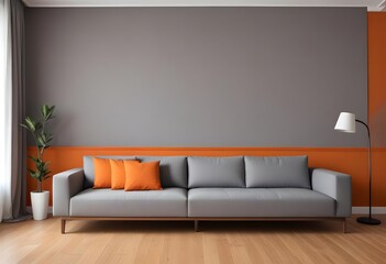 Modern living room with grey sofa and orange color background. A living room with a red wall and a red couch,