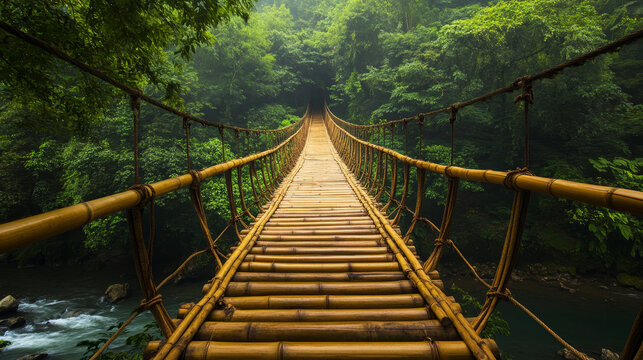 "A bamboo pedestrian hanging bridge spanning a river in a tropical forest, surrounded by lush greenery."