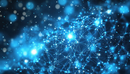 Obraz premium Abstract network forming with blue particles and lines connecting on a dark background