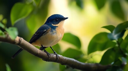 Fototapeta premium Blue-Crested Flycatcher Perched on a Branch