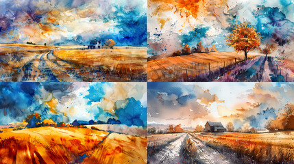 Watercolor grainy wash, vibrant oranges and blues of farm landscapes, creating a dynamic and textured effect