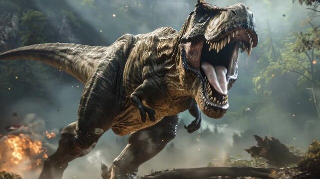 An illustration of a dinosaur-like creature, resembling a T-Rex, in a water fountain with a wild boar and a horse also in the water