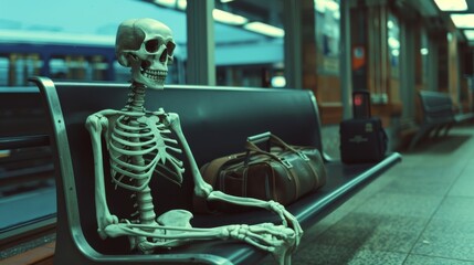 Waiting concept. A human skeleton sitting in a station, waiting for the train endlessly.