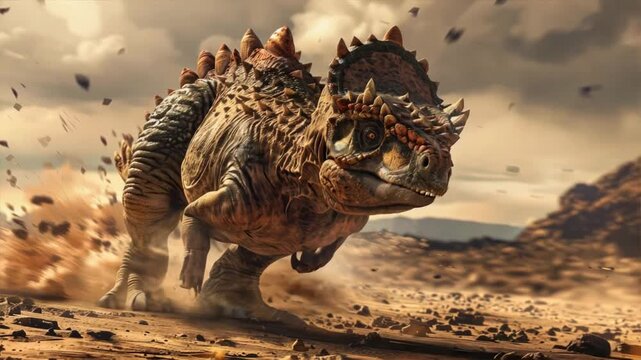 Prehistoric T-Rex beast roams barren desert landscape in 3D render