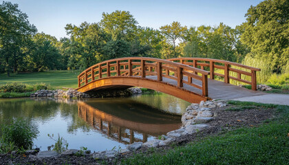 Wooden bridge reflecting in still water of a pond in a park