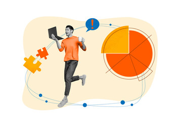 Artwork collage of excited black white effect guy jump use netbook hold coffee cup exclamation mark...