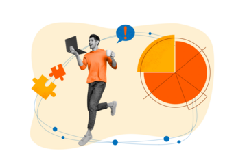 Artwork collage of excited black white effect guy jump use netbook hold coffee cup exclamation mark dialogue bubble puzzle pieces